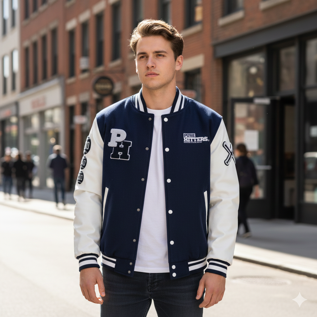 Pure Hitters Cow Leather Sleeve Varsity Jacket - Wool Body, Thermal Lined, Stylish Men’s Outerwear