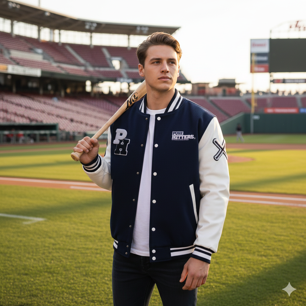 Pure Hitters Cow Leather Sleeve Varsity Jacket - Wool Body, Thermal Lined, Stylish Men’s Outerwear