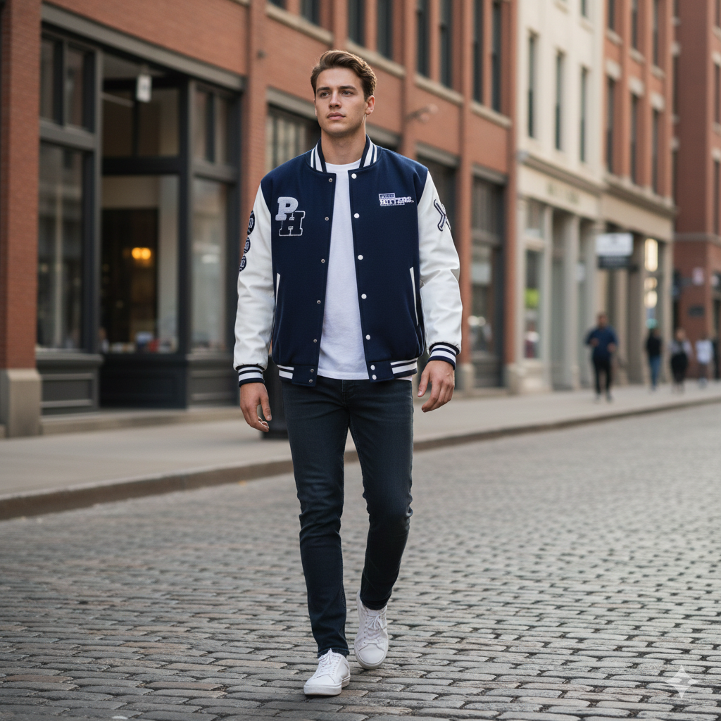 Pure Hitters Cow Leather Sleeve Varsity Jacket - Wool Body, Thermal Lined, Stylish Men’s Outerwear