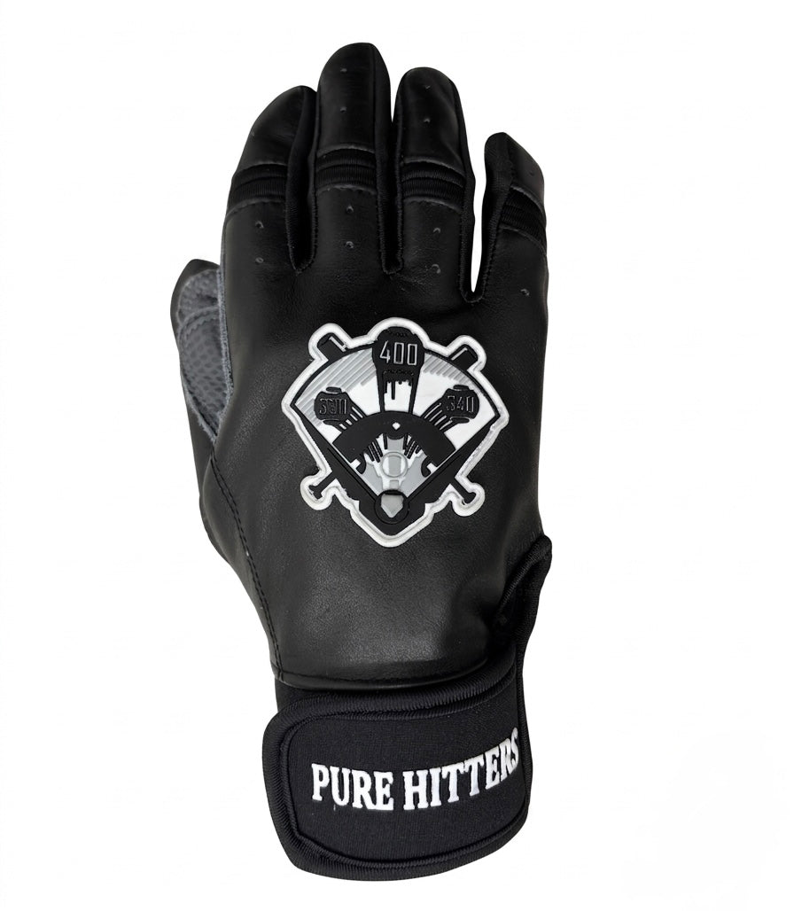 PURE HITTERS PRO LEATHER YOUTH BATTING GLOVES Black & Red | Goat Leather Grip | Dual Size S/M & L/XL | Neoprene Wrist Strap