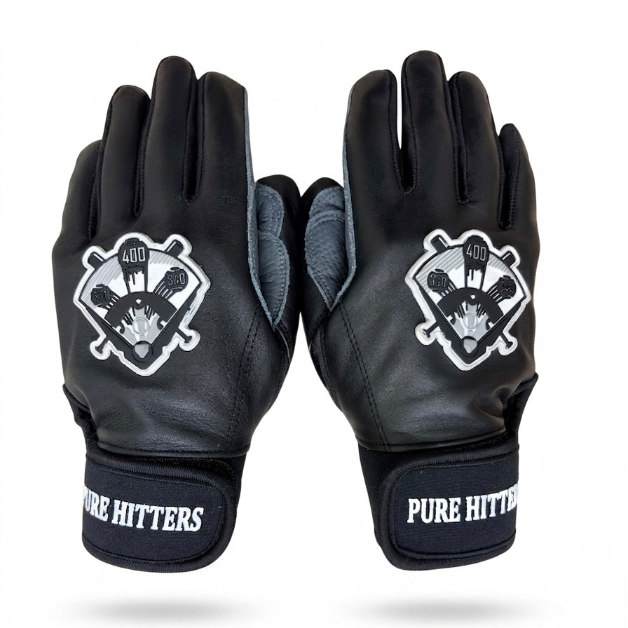 PURE HITTERS PRO LEATHER YOUTH BATTING GLOVES Black & Red | Goat Leather Grip | Dual Size S/M & L/XL | Neoprene Wrist Strap