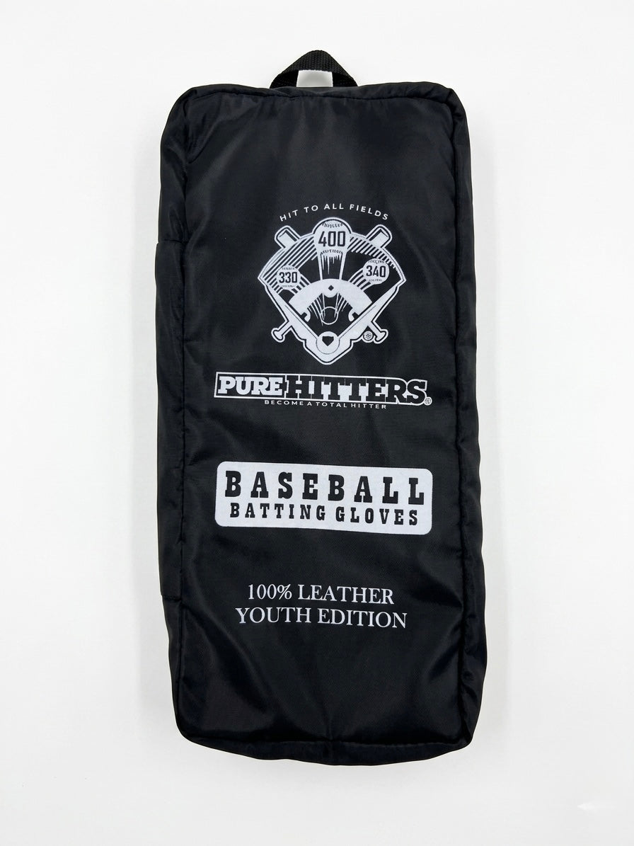 PURE HITTERS PRO LEATHER YOUTH BATTING GLOVES Black & Red | Goat Leather Grip | Dual Size S/M & L/XL | Neoprene Wrist Strap