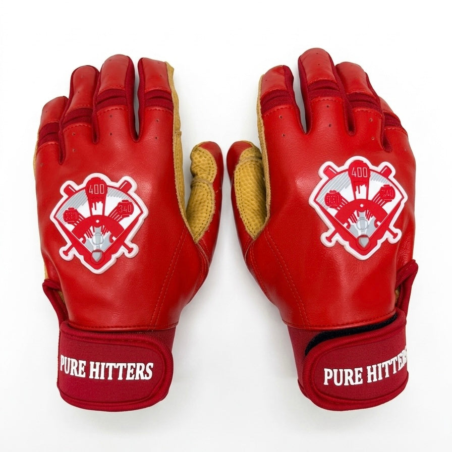 PURE HITTERS PRO LEATHER YOUTH BATTING GLOVES Black & Red | Goat Leather Grip | Dual Size S/M & L/XL | Neoprene Wrist Strap
