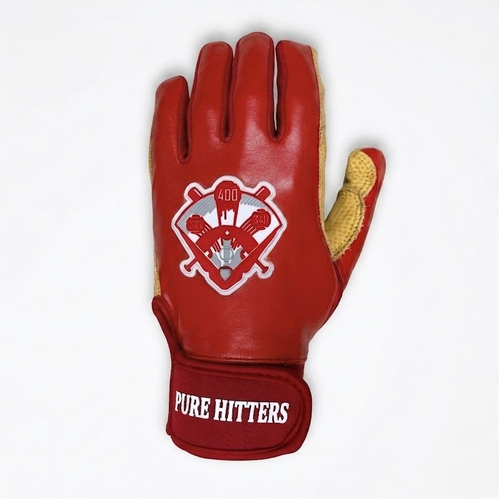 PURE HITTERS PRO LEATHER YOUTH BATTING GLOVES Black & Red | Goat Leather Grip | Dual Size S/M & L/XL | Neoprene Wrist Strap
