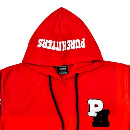 Pure Hitters Custom Chenille Patch Hoodie - Heavyweight Fleece Streetwear (Red)*Hoodies Are Unisex Sized, Please See Size Chart Before Ordering, For A Looser Fit Order 1 Size Bigger*