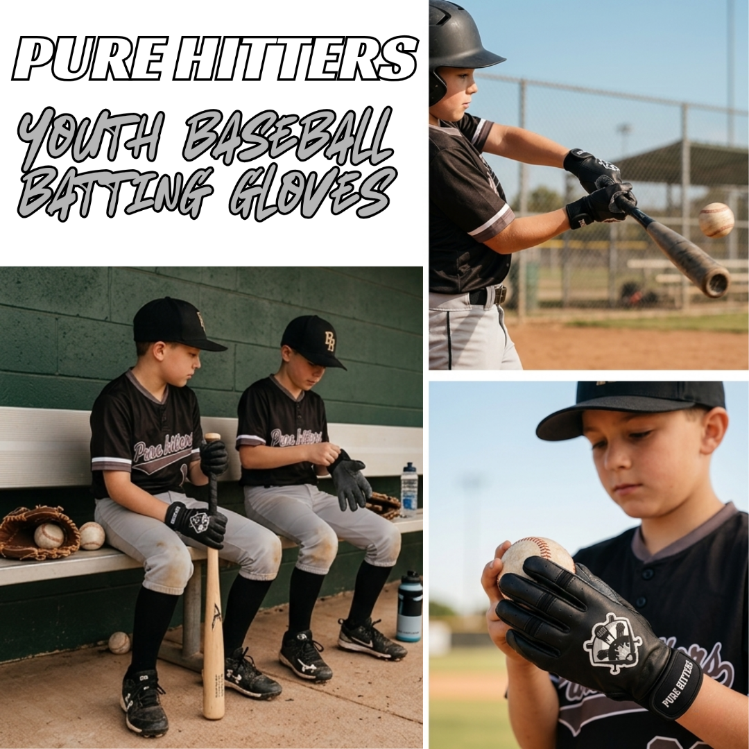 PURE HITTERS PRO LEATHER YOUTH BATTING GLOVES Black & Red | Goat Leather Grip | Dual Size S/M & L/XL | Neoprene Wrist Strap